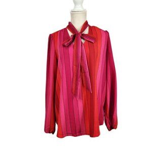 Tronjori Keyhole Neck Tie Blouse Women's M Red Pink Stripe Statement Feminine